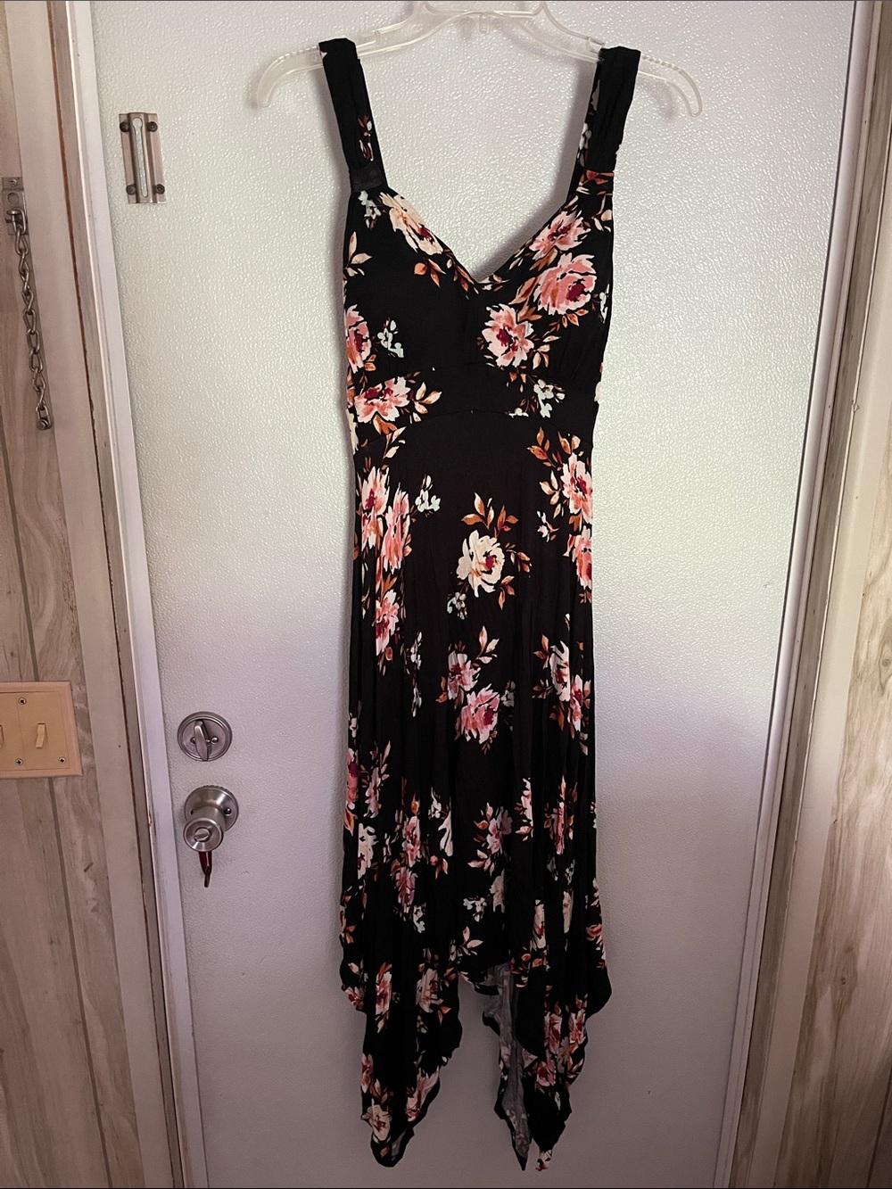 American Rag Black Floral Asymmetrical Handkerchief Hem Dress